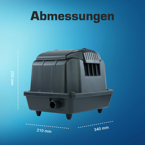 Produktabmessungen für das schwarze Gerät: Höhe 230 Millimeter, Breite 210 Millimeter, Länge 340 Millimeter.