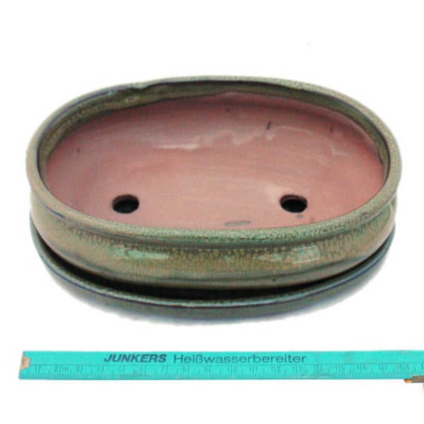 Bonsai-Schale mit Unterteller Gr. 3 - Oliv-Braun - oval - Modell O47 - L 19cm - B 13,5cm - H 5cm