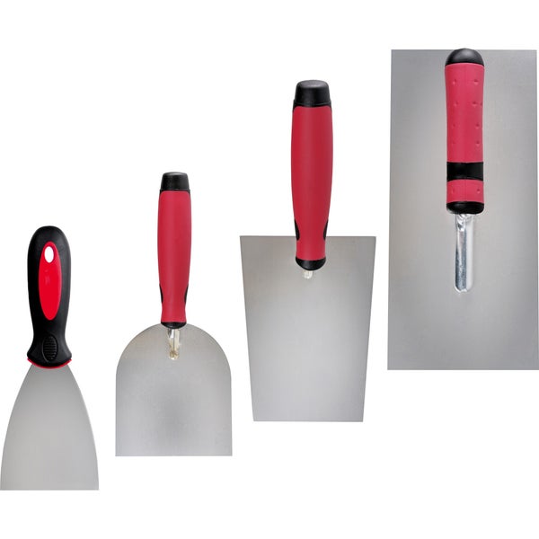 Malerspachtel, Maurerkelle und Glättkelle aus Edelstahl mit ergonomischen Kunststoffgriffen in Rot und Schwarz.