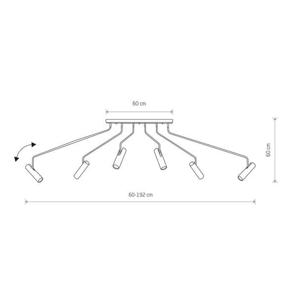 Technische Zeichnung einer Deckenleuchte mit sechs Strahlern und Abmessungen