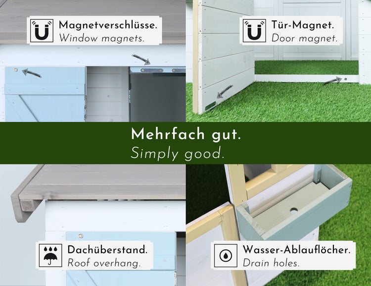 Produktdetails eines Gartenhauses mit Magnetverschlüssen an Fenstern und Türen, einem Dachüberstand und Wasserablauflöchern.
