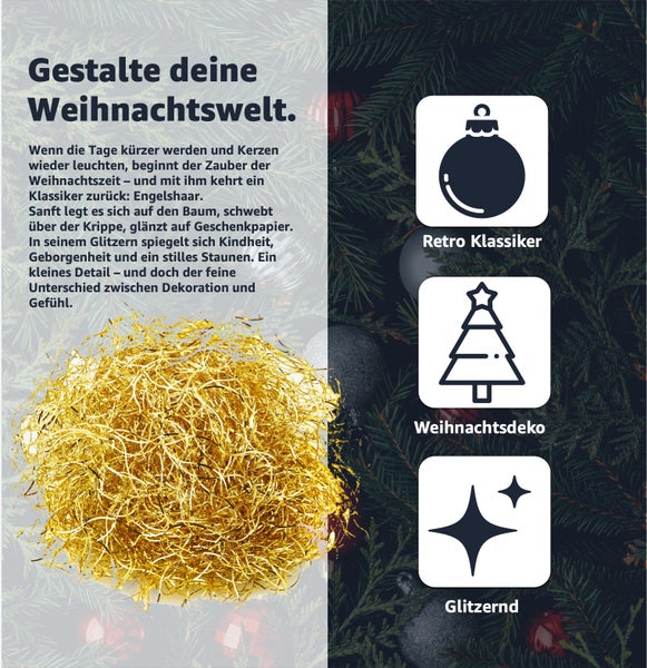 Dekorative goldene Engelshaar für Weihnachten, Retro-Klassiker Symbol, Weihnachtsdeko Symbol, Glitzernd Symbol