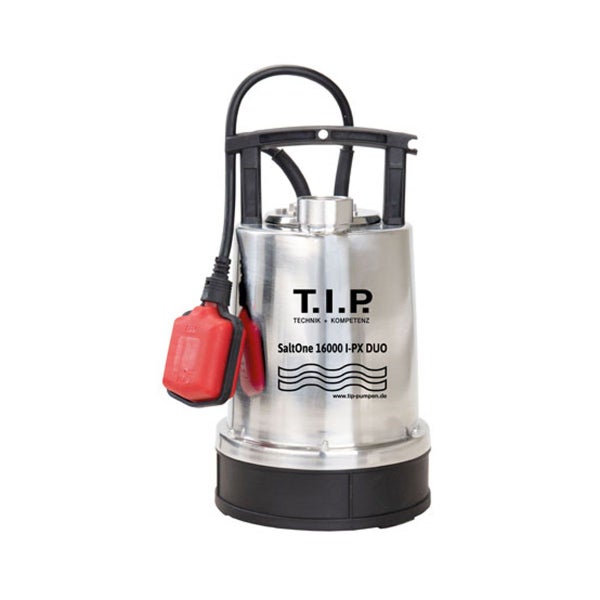 T.I.P. SaltOne 16000 I-PX DUO Schmutzwasser-Tauchpumpe aus Edelstahl im Einsatz in einem Pool.