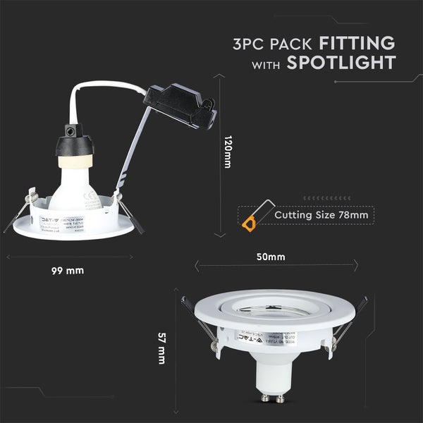 V-TAC VT-3333 - Weiße LED-Strahler GU10 - 3er-Pack - Fassung - IP20 - 5W - 400 Lumen - 4000K