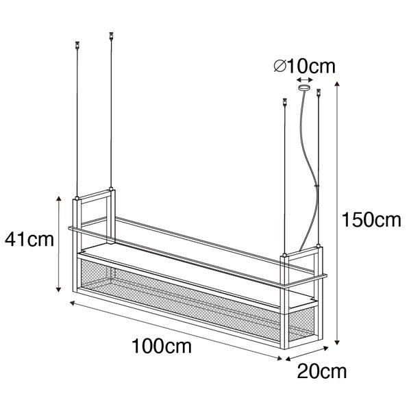 Technische Zeichnung einer Hängeleuchte mit den Maßen 100 x 20 x 41 Zentimeter und einer Abhängung von 150 Zentimetern.
