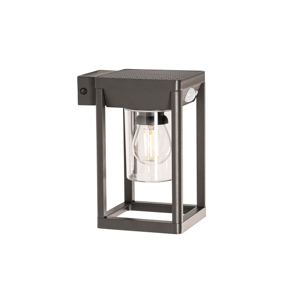 Anthrazitfarbene Außenwandleuchte in Laternenform mit Bewegungsmelder, Metallrahmen und klarem Glaszylinder mit Leuchtmittel.