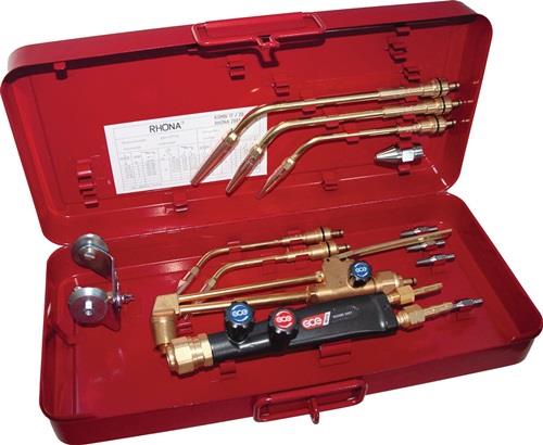 Schweiß- und Schneidbrenner-Set in einem roten Metallkoffer mit Brennergriff, verschiedenen Düsen und Zubehör.