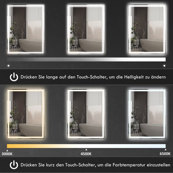 HOMCOM Badspiegel, Dimmbar Badezimmerspiegel, 80 x 60 cm Lichtspiegel mit Touchschalter, Memory-Funktion, beschlagfreier Wandspiegel, Wasserdicht