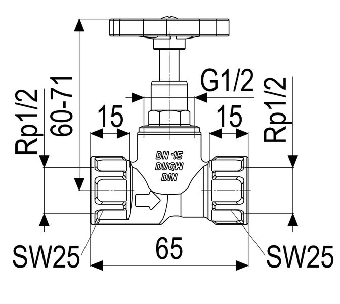 Maßzeichnung eines Absperrventils DN 15 mit Anschlüssen Rp 1/2 Zoll, Gesamtlänge 65 Millimeter und Schlüsselweite 25.