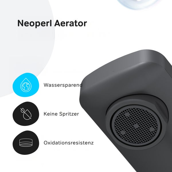Neoperl Luftsprudler für Wasserhähne mit wassersparender Funktion, Spritzschutz und Oxidationsbeständigkeit.