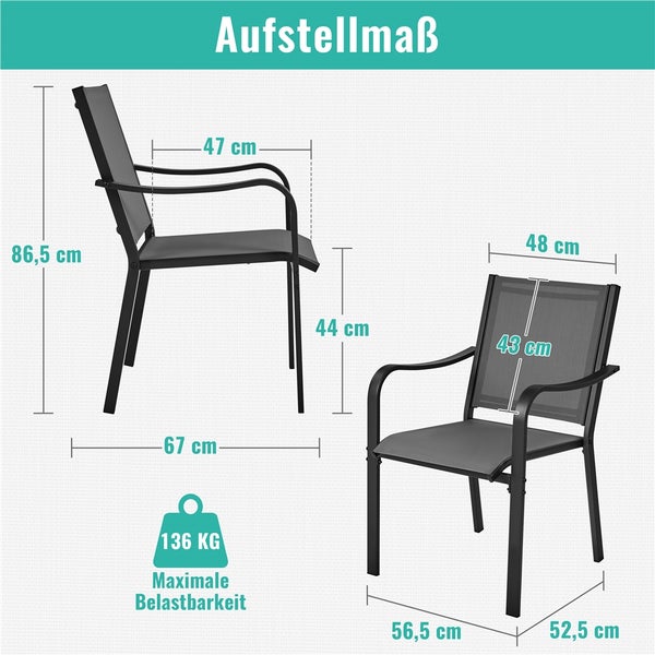 Abmessungen eines Gartenstuhls mit Armlehnen und maximaler Belastbarkeit