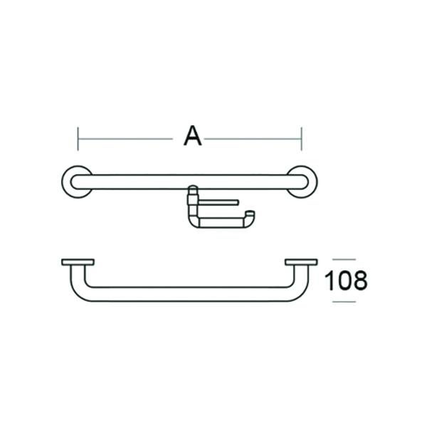 Technische Zeichnung eines Wandhaltegriffs mit integriertem Toilettenpapierhalter, Maße Breite A und Tiefe 108 Millimeter.