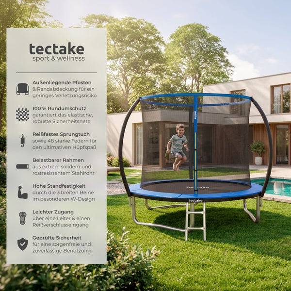 tectake Gartentrampolin mit Sicherheitsnetz und Leiter im Garten mit springendem Kind und Produktmerkmalen.