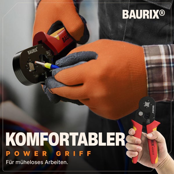 BAURIX® Crimpzange für Aderendhülsen, Selbsteinstellende Krimpzange 0,25-10mm², Ergonomische Presszange, Crimp Zange für isolierte & unisolierte Aderendhülsen, Crimpwerkzeug - Modell: PERSEUS (4-Kant)