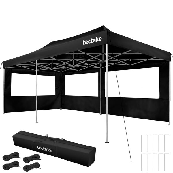 tectake Faltpavillon in Schwarz mit Seitenwänden, inklusive Transporttasche, Seilen und Erdnägeln.