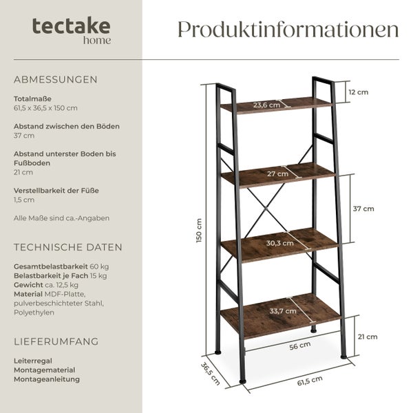 Leiterregal tectake Liverpool inklusive Kippschutz, 61,5 x 36,5 x 150 cm Industrial Style Industrial Holz dunkel, rustikal