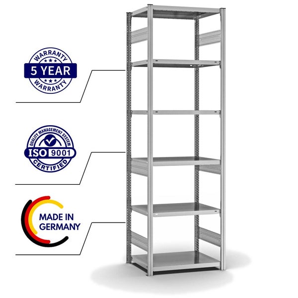PROREGAL Fachbodenregal Stecksystem T-Profil Medium-Duty Grundregal HxBxT 250 x 75 x 50 cm 6 Ebenen Fachlast 230 kg Beidseitig Nutzbar Verzinkt