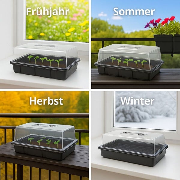 Mini-Gewächshaus für die Pflanzenanzucht auf Fensterbank oder Balkon in den vier Jahreszeiten Frühjahr, Sommer, Herbst und Winter.