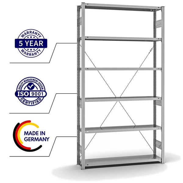 PROREGAL Fachbodenregal Stecksystem T-Profil Heavy-Duty Grundregal HxBxT 250 x 130 x 30 cm 6 Ebenen Fachlast 300 kg Einseitig Nutzbar Verzinkt