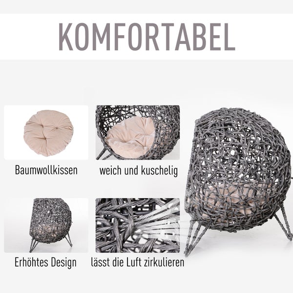 PawHut Katzenhaus aus Rattan, Ø52 x 58 cm, PE-Rattan, Silbergrau
