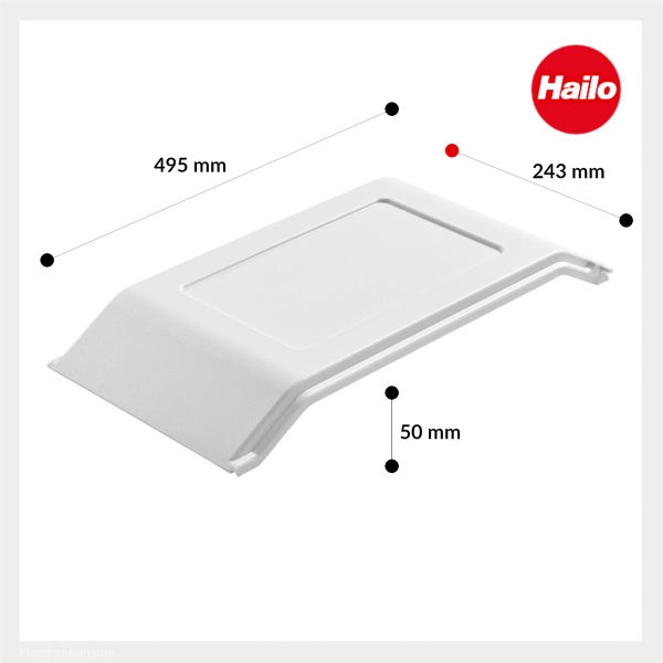 Hailo Systemdeckel aus weißem Kunststoff, 495 Millimeter mal 243 Millimeter mal 50 Millimeter, Hailo Logo.