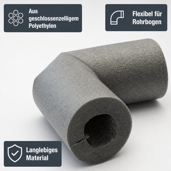 Rohrisolierung aus Polyethylen in Bogenform zur Wärmedämmung von Leitungen.