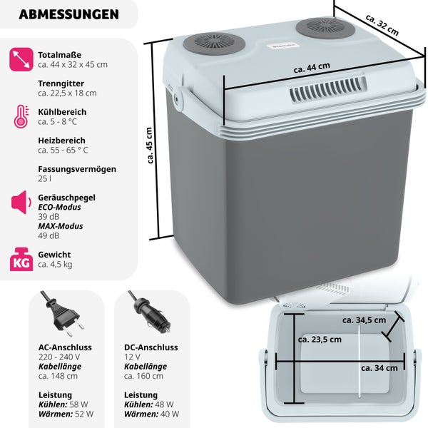 Elektrische Kühl- und Wärmebox  tectake  44 x 32 x 45 cm  25 l Fassungsvermögen  grau