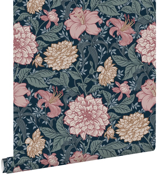 ESTAhome Tapete Blumenmuster Blau und Altrosa - 53 cm x 10.05 m - 139382