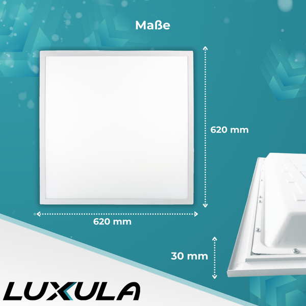 Abmessungen einer LUXULA LED-Panel Leuchte mit 620 x 620 x 30 Millimetern
