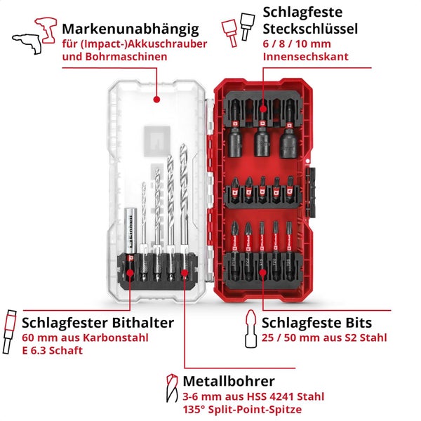 Original Einhell S-CASE 18-tlg. schlagfestes Zubehör-Set (25-mm-Bits, 50-mm-Bits, 60-mm-Bithalter, Steckschlüssel, Metallbohrer inkl. Aufbewahrungsbox)