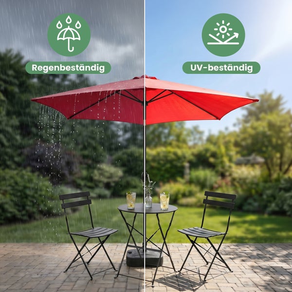 Sonnenschirm auf einer Terrasse mit Tisch und Stühlen, regenbeständig und UV-beständig.