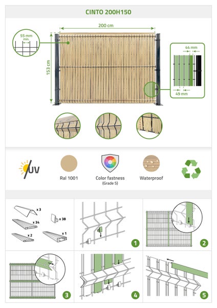 Cinto Zaun 200H150 mit Maßangaben und Symbolen für UV-Beständigkeit, Farbgenauigkeit, Wasserdichtigkeit und Recycling sowie Montageanleitung.