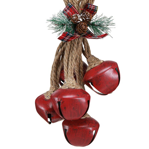Dekoration mit roten Glocken, Tannenzweigen, Schleife und Seil