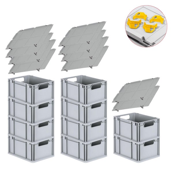 PROREGAL Spar Set 10x Eurobox Nextgen Economy Mit Auflagedeckel & 4x Schiebeschnappverschlüsse Gelb Griffe Offen HxBxT 22 x 30 x 40 cm 20 Liter
