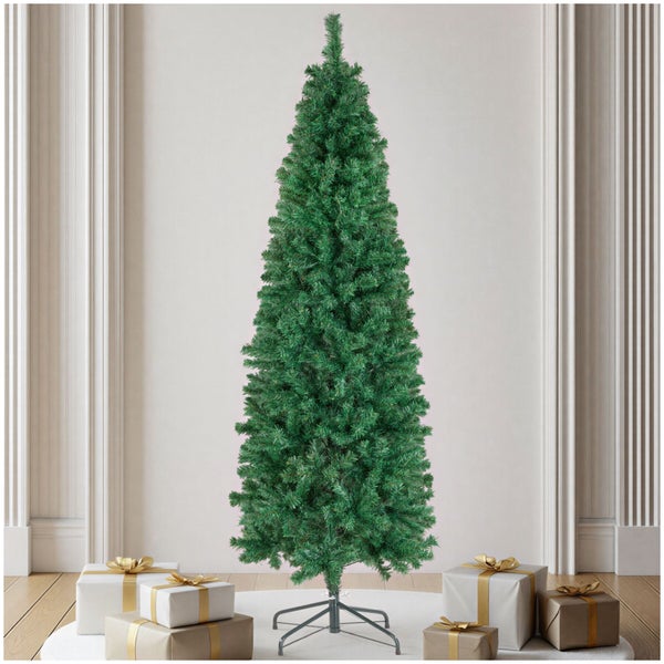 Künstlicher Weihnachtsbaum mit einer schlanken Form, auf einem Metallständer stehend, umgeben von Geschenkpaketen auf einem Holzboden.