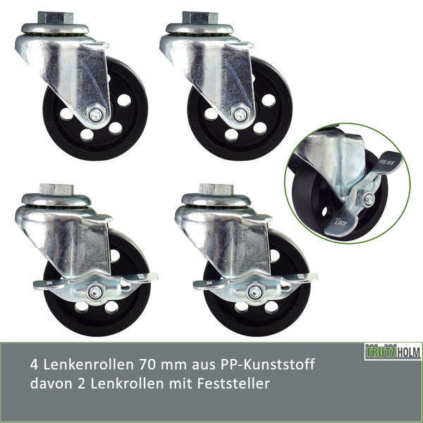 Set mit 4 Lenkrollen 70 Millimeter aus Polypropylen Kunststoff inklusive 2 Rollen mit Feststeller von TrutzHolm