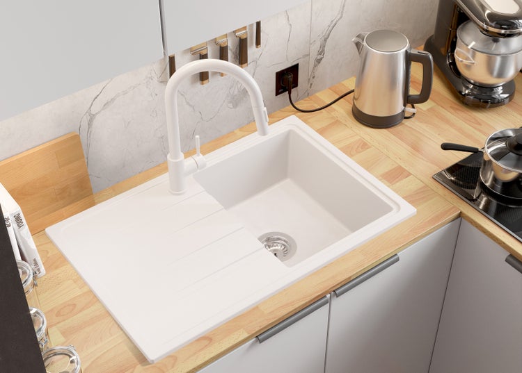 PRIMAGRAN Spülbecken Weiß 78x50cm, Granitspüle 1 Becken + Ablauf-Set, Küchenspüle ab 45er Unterschrank - Mailand