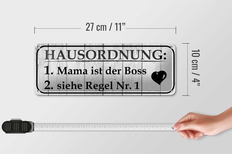 Blechschild Spruch 27x10cm Hausordnung Mama ist der Boss Dekoration