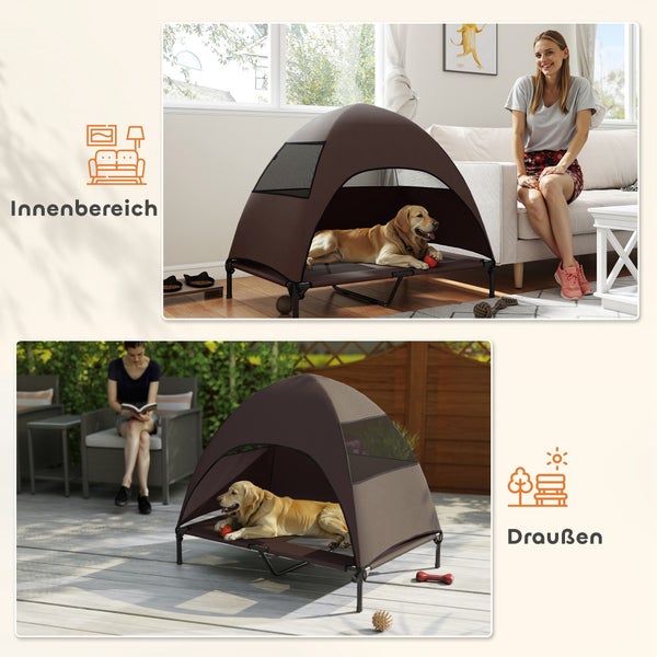 Doppelbild: Hundebett für den Innen- und Außenbereich mit Hund