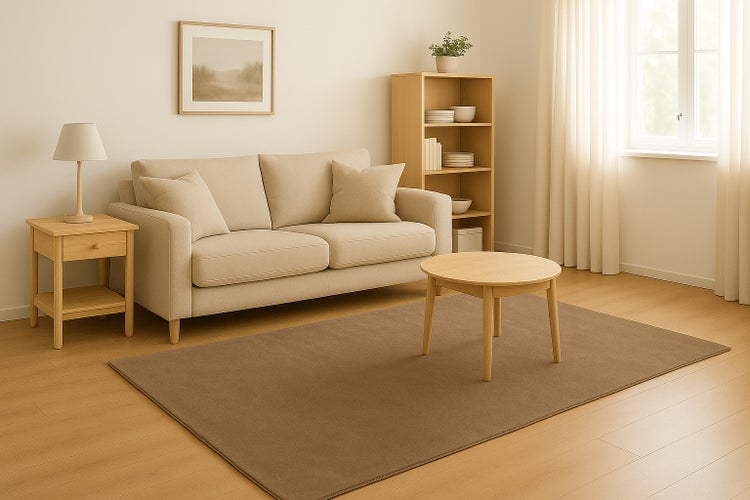Wohnzimmer mit Sofa, Couchtisch und Regal in einem hellen, skandinavischen Einrichtungsstil auf Holzfußboden.