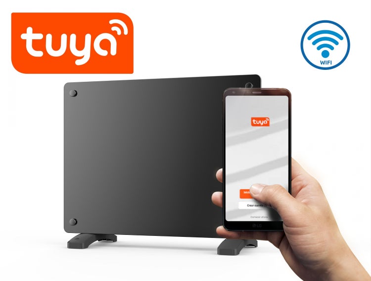 Abbildung eines Heizgeräts mit Smartphone-App-Steuerung und Tuya Logo