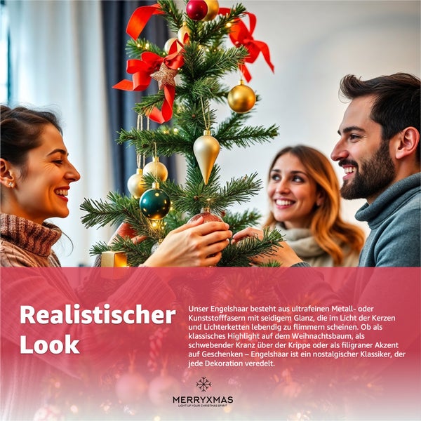 Familie schmückt einen Weihnachtsbaum mit Christbaumkugeln und Schleifen