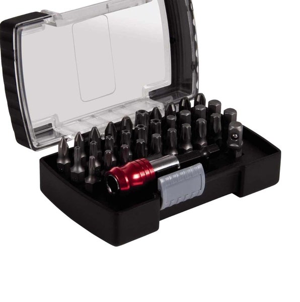 Bit-Set in einer Box mit transparentem Deckel, enthält verschiedene Schrauberbits und einen roten Bithalter.
