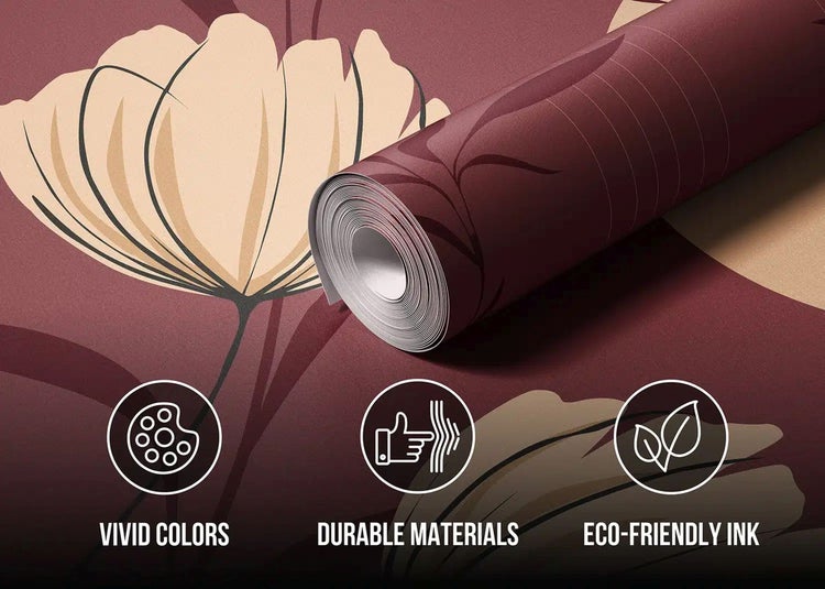 Tapetenrolle mit Blumenmuster, lebendigen Farben, langlebigen Materialien und umweltfreundlicher Tinte.