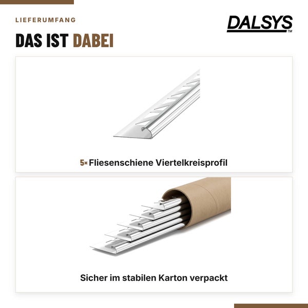 Dalsys Logo und Lieferumfang von fünf Fliesenschienen mit Viertelkreisprofil, sicher verpackt in einem stabilen Versandkarton.