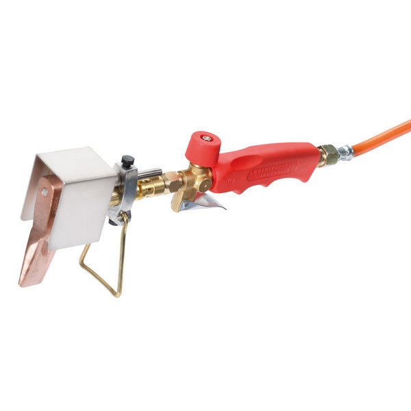 Rothenberger Industrial Dachrinnenlötkolben mit Kupferkolben, Windschutz, Standfuß und Gasregulierventil