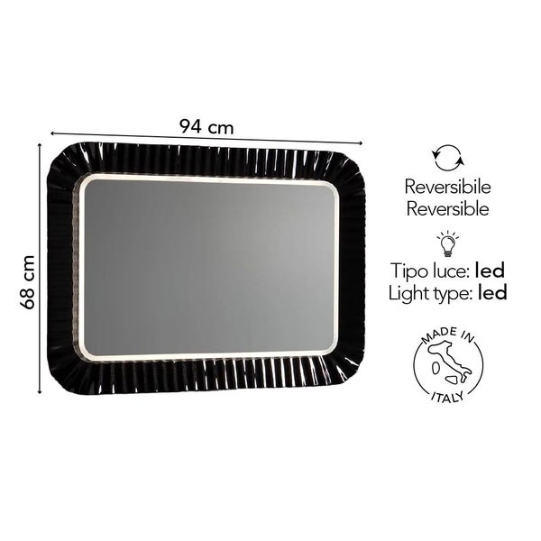 Rechteckiger LED-Badezimmerspiegel mit schwarzem Rahmen, Maße 94 mal 68 Zentimeter, reversibel montierbar, hergestellt in Italien.