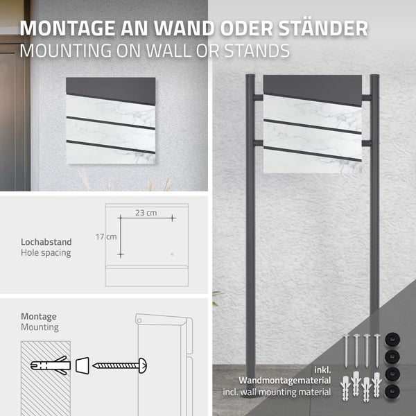 Briefkasten in Marmor-Optik für Wand- oder Ständermontage, inklusive Skizze zum Lochabstand von 23 mal 17 Zentimeter und Befestigungsmaterial.
