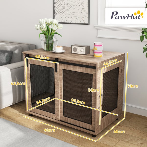 PawHut Hundekäfig Möbel, Hundebox mit 2 verschließbaren Türen, Beistelltisch für Zuhause, Hundehaus für große Hunde unter 30 kg, Stahl, 98 x 60 x 78 cm, Nussbaum