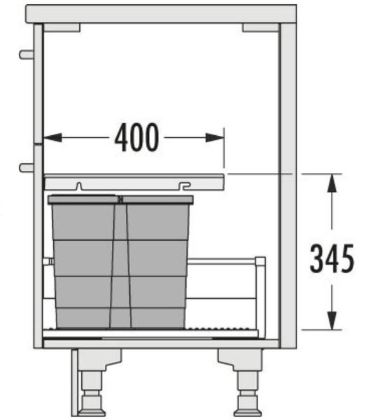 Technische Zeichnung eines Abfallbehälter-Einbauschranks mit den Maßen 400 mal 345 Millimeter.